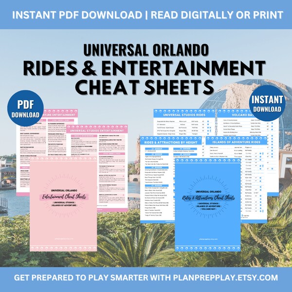 Universal Orlando Rides & Entertainment Cheat Sheets | Orlando Vacation Planning 2024-25 | Both Parks | Updated April 2024