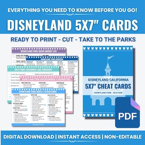 Peut inclure: Ensemble de cartes astuces Disneyland 5x7", prêtes à imprimer et à découper. Les cartes comprennent une liste de collations, un aperçu du parc, un itinéraire Lightning Lane et des informations sur les manèges. La carte bleue présente un château et le texte "Disneyland California 5x7" Cheat Cards."
