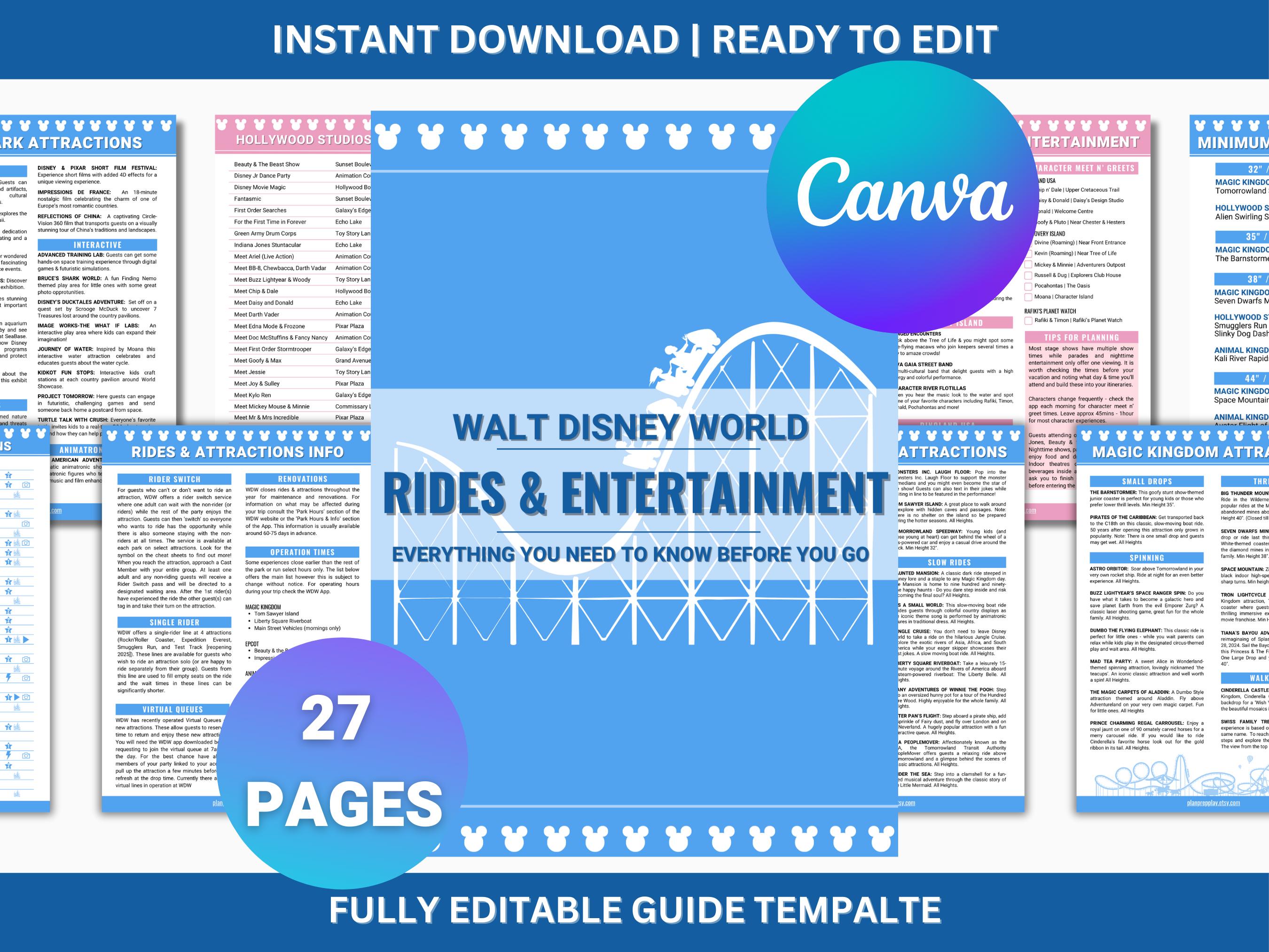 Disney World Rides & Entertainment Guide | Editable Canva Template | 4 ...