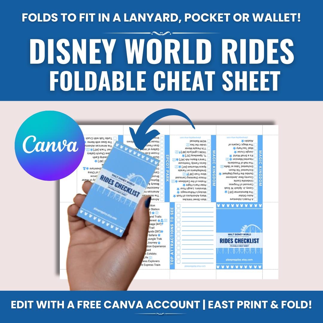 WDW Rides & Attractions Checklist Foldable Cheat Sheet: Editable Trip ...