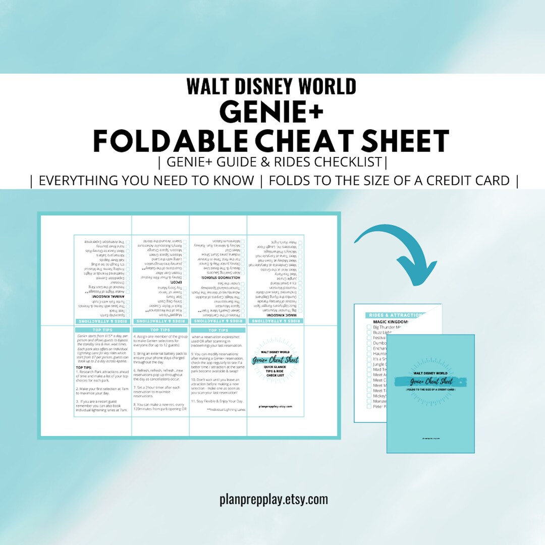 Disneyworld Foldable Genie Cheat Sheet Genie Plus Etsy