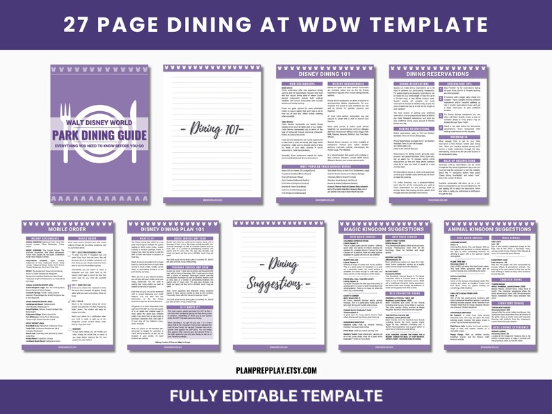 Disney World Park Dining Guide | Editable Canva Template | 4 Parks ...