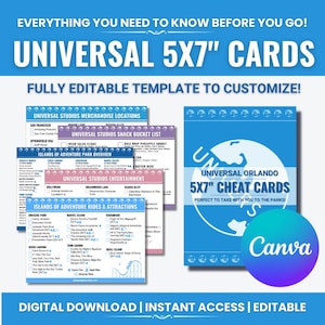 Puede incluir: Una descarga digital de tarjetas de trucos imprimibles de 12,7 x 17,8 cm para Universal Studios Orlando. Las tarjetas están diseñadas para ayudar a los visitantes a navegar por los parques e incluyen información sobre atracciones, atracciones, ubicaciones de mercancías y listas de cubos de refrigerios. Las tarjetas son totalmente editables y se pueden personalizar para adaptarse a las necesidades individuales. La imagen también incluye el logotipo de Canva.