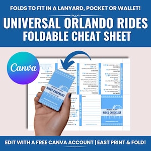 May include: A light blue foldable cheat sheet for Universal Orlando rides. The sheet includes a checklist and notes section. The text "UNIVERSAL ORLANDO RIDES FOLDABLE CHEAT SHEET" is displayed in large white letters. The sheet folds to fit in a lanyard, pocket, or wallet.