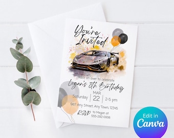 Peut inclure: Une invitation à une fête d'anniversaire avec un fond aquarelle représentant une voiture de sport grise. L'invitation indique "You're Invited" et comprend le texte "Race on over to celebrate Logan's 8th Birthday". L'invitation comprend également la date, l'heure et le lieu de la fête.