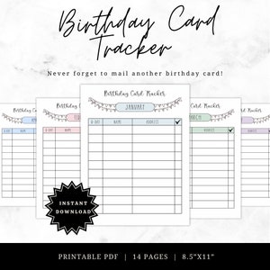 Rastreador de tarjetas de cumpleaños imprimible - Descarga digital - PDF de cartas de EE. UU. - Lista de días - Planificador de tarjetas de felicitación - Lista de correo mensual de tarjetas de cumpleaños