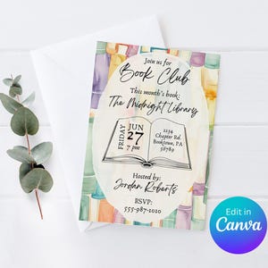 Boekenclub aanpasbare uitnodiging lezing minnaar literaire groepsfeest uitnodiging bewerkbaar in Canva sjabloon 5 x 7 afdrukken thuis digitale download