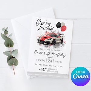 Corvette Geburtstagseinladung Anpassbare Super Car Lover Party Invite Kinder Bday Canva Vorlage 5x7 Print At Home Digital Download