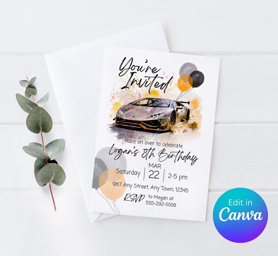 Lamborghini Birthday Invitation: Super Car Party, Kids Bday, 5x7 Canva ...