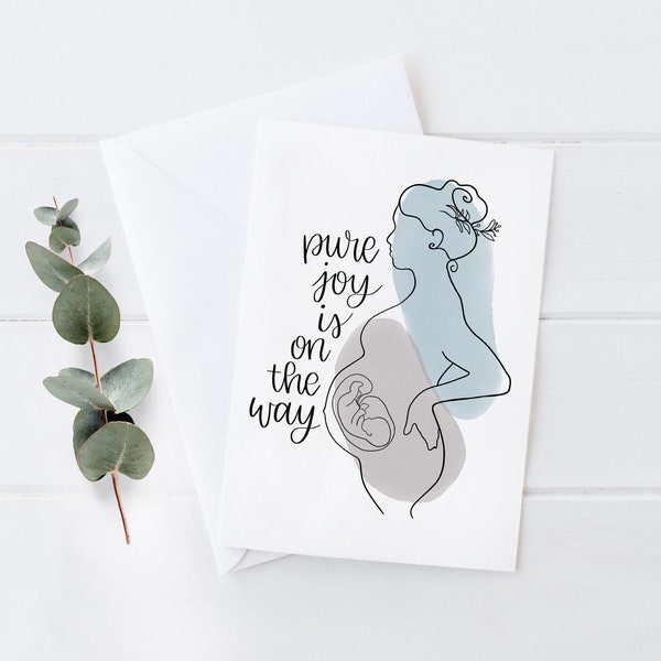 Pure Joy Is On The Way - Pregnancy Line Art - Inspiration For Empowering Birth - Mama To Be - Baby Shower - 5x7 Greeting Card With Envelope
