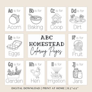 Conjunto de 26 páginas para colorir com tema de agricultura familiar, para imprimir em casa, para crianças da pré-escola, recurso para educação domiciliar, download digital da carta dos EUA em PDF