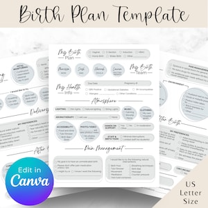 Modelo de Plano de Parto Editável no Canva Imprimir em Casa Gravidez Preparação do Bebê Preferências de Parto Lista de Verificação Download Digital Carta dos EUA em PDF