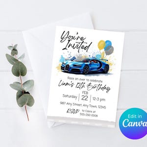 Może przedstawiać: Zaproszenie urodzinowe z ilustracją niebieskiego samochodu sportowego i balonów. Tekst brzmi "You're Invited" i zawiera szczegóły wydarzenia: 12. urodziny Liama, 22 lutego, 12-15, oraz kontakt RSVP.