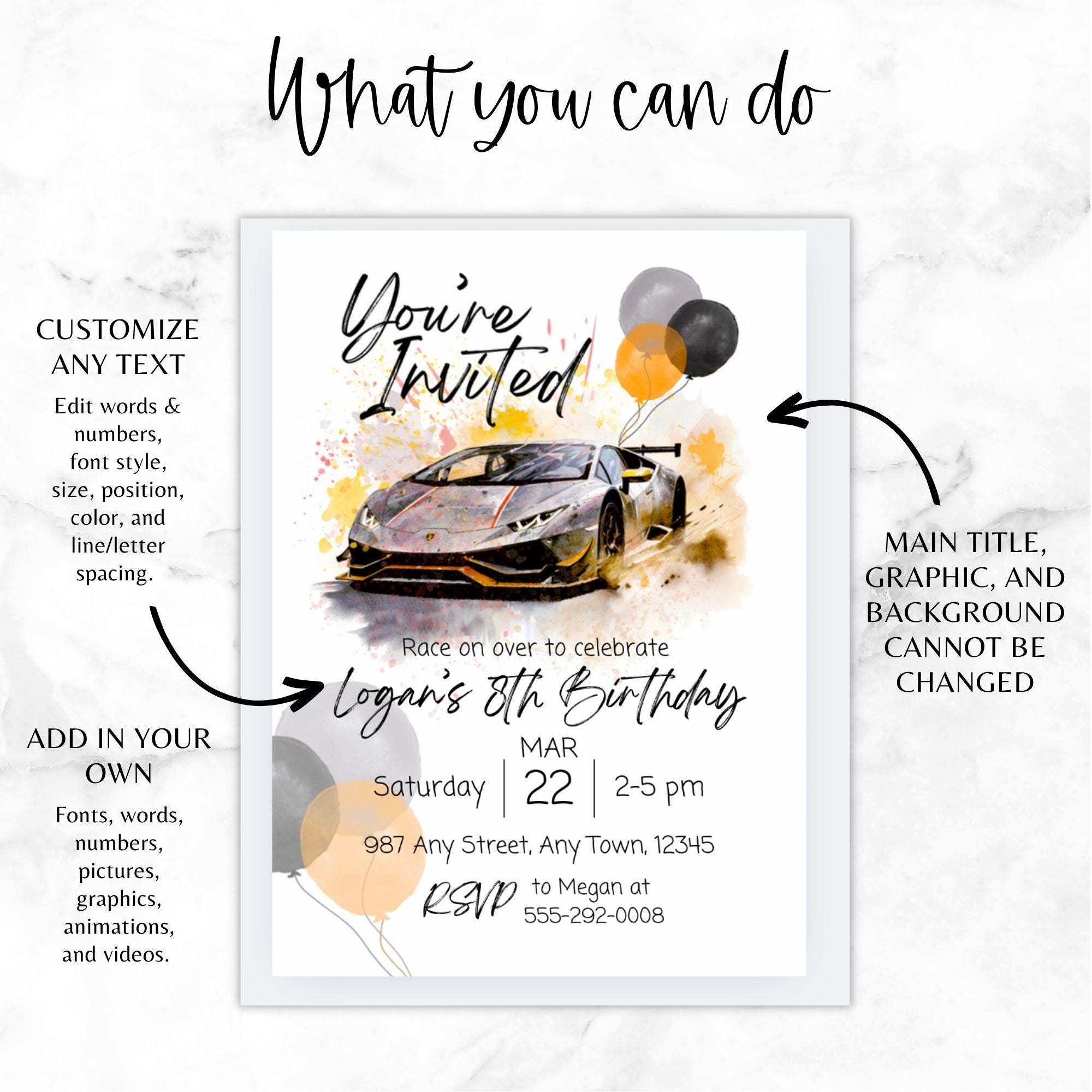 Lamborghini Birthday Invitation: Super Car Party, Kids Bday, 5x7 Canva ...