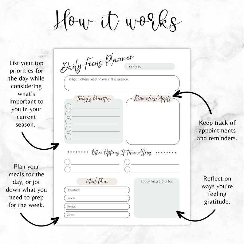 Daily Focus Lettering Daily Focus Planner Printable: Productivity To-do List (US Letter PDF ...