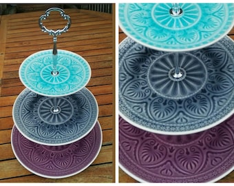 3-tier cake stand - turquoise, purple, gray