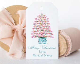 Christmas Gift Tags, Pink Christmas Gift Tags, Coastal Christmas Gift Tags, Pink Christmas Tree, Pink Christmas, Blue and White Chinoiserie