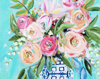 Floral Painting: Blue Ginger Jar, Chinoiserie Vase, Original Art