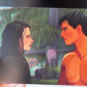 May include: A rectangular art print featuring a digital illustration of two individuals facing each other in a rainy forest setting. One individual has long dark hair and wears a dark hooded garment, while the other is shirtless with short dark hair.