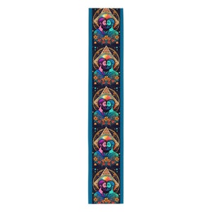 May include: A long, narrow, teal-colored table runner featuring a repeating pattern of two men kissing, framed by a golden triangle and floral accents. The design has a vibrant, colorful, and psychedelic aesthetic.