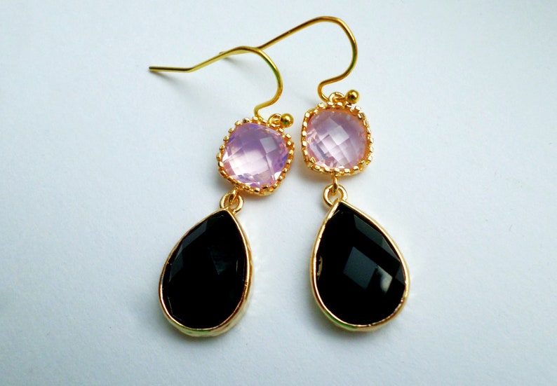 Gold Black Earrings Black Earrings Black Agate Earrings with Rose Quartz Black Black Agate. Bridal Earrings Gift Woman Gift