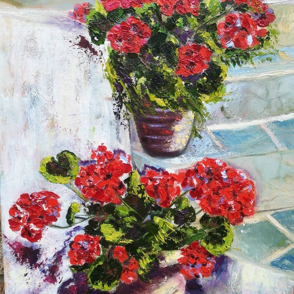 Geranium painting Original oil painting Flower Hand made Fine art Sunny terrace Gift for Valentines day