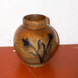 stoneware flower vase * vintage brown pottery vase with hand-painted blue floral design *  mid-century modern decor * earthy rustic