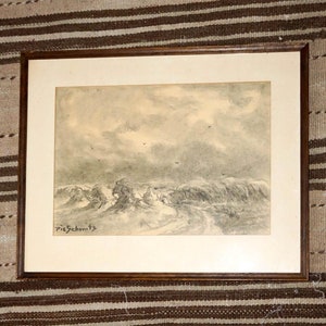 vintage dutch seaside landscape drawing by Pie Schmidt * framed * original sketch * signed * dramatic pencil drawing * coastal scene