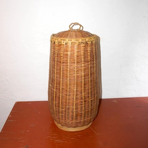 vintage woven lidded basket * conical shape * natural rattan and bamboo * boho storage decor * rustic home organiser * wabi sabi vessel