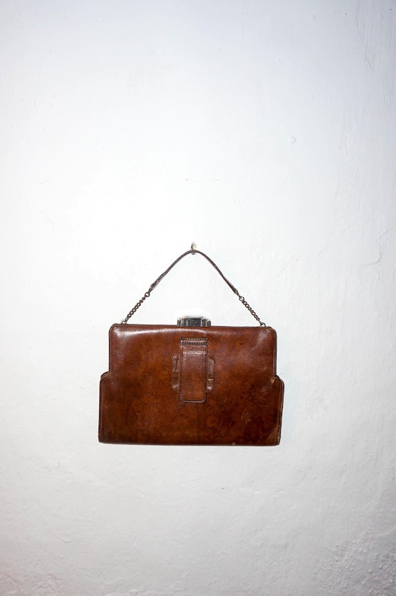 Art deco leather purse * vintage 1920s brown leather handbag * evening bag * pocket book