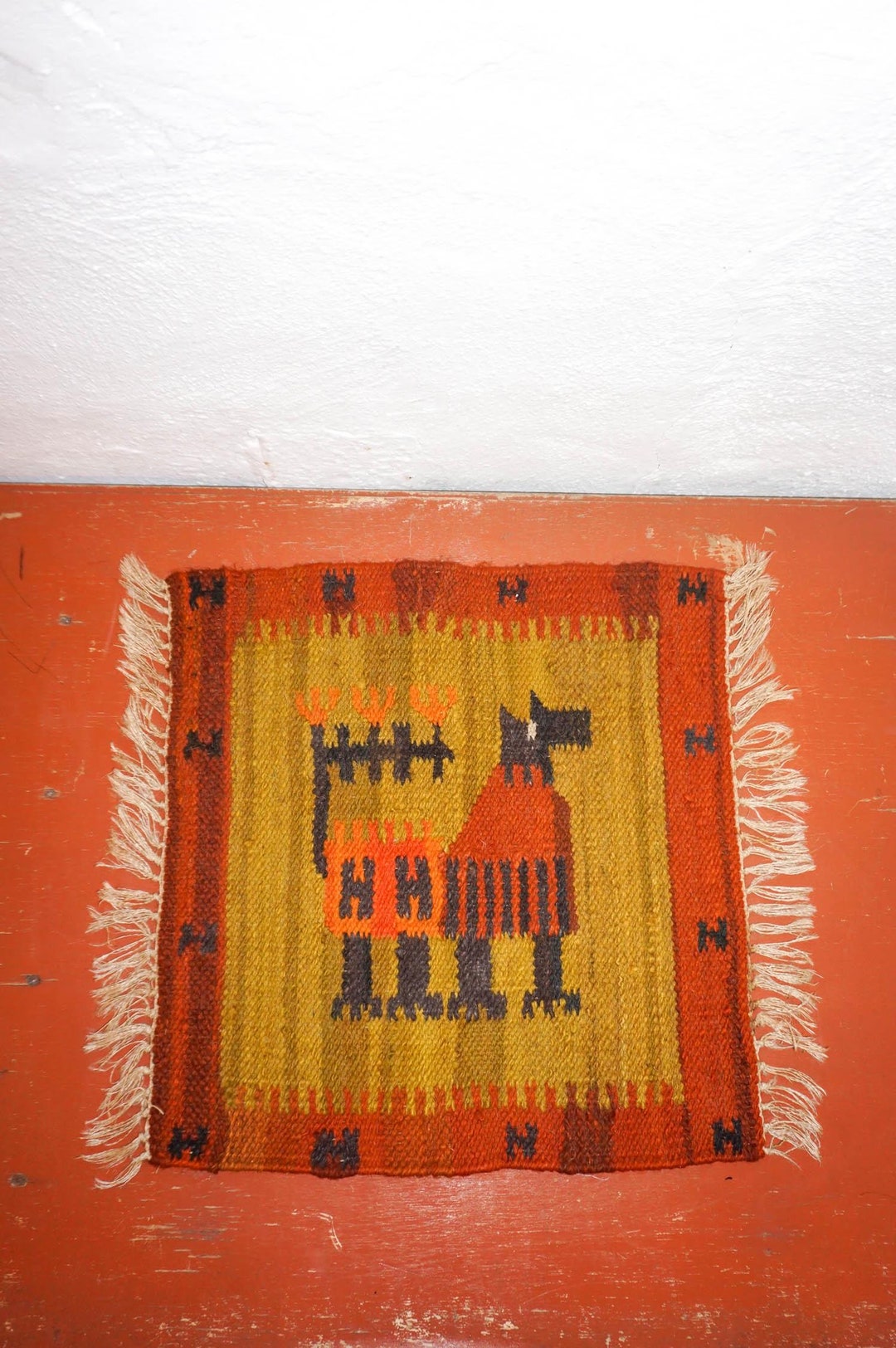 Vintage Polish Handwoven Kilim Textile With Dog Motif Mid-century ...