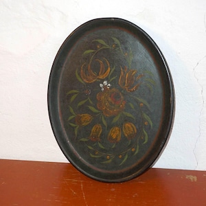 hand painted tole tray * floral metal wall decor * rustic black oval tin platter * hungarian folk art style * hand-painted * italian 60s