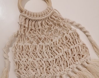Handbag shopping net in macramé natural beige rope
