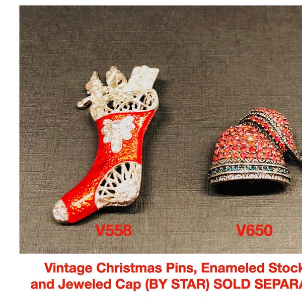 Vintage Christmas Pins, Red Enameled Stocking w/Toys & Santa's Rhinestone Cap [signed STAR], Sold Separately