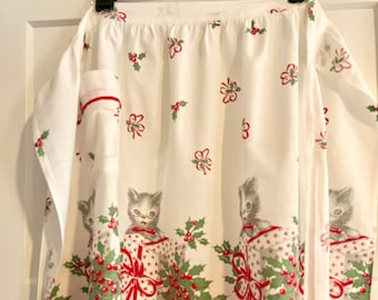 Vintage Christmas Kitty Apron 1940-50s Half Christmas Apron Kitty on Package BEYOND ADORABLE APRON