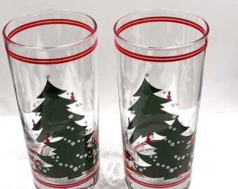 Waechtersbach Germany Christmas Tree Collins Glasses Tumblers Holiday Drink Ware Vintage Christmas Barware Pair 15OZ