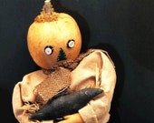 Primitive Pumpkin Seed Suited Man Cradling His Pet Crow, Plaid Pants and Scarf, Penny Rug Components
