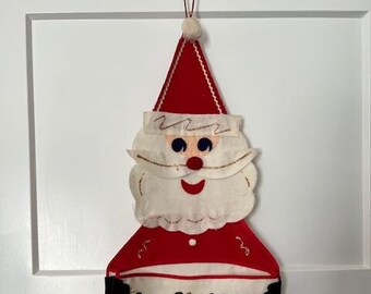 Vintage Felt Glittered Santa's Holiday Mail Bag Card Holder Wall Hanging  MCM Santa Decoration 1950s Japan