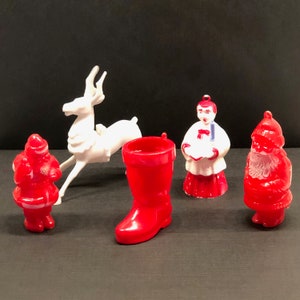 Rosen Rosbro Bradford Plastic Christmas Ornaments, Deer, Santa Claus, Boot, Choir Boy w/Candle, 1960s image 1