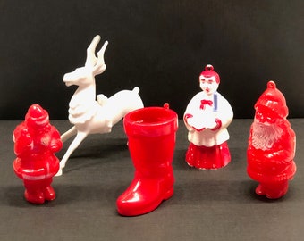 Rosen Rosbro Bradford Plastic Christmas Ornaments, Deer, Santa Claus, Boot, Choir Boy w/Candle, 1960s