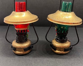 Vintage Plastic Hurricane Lanterns 1960s Taiwan Red and Green Tree or scene Decoration