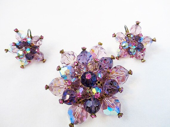 Purple Pink Faceted Glass Cluster Brooch Earring … - image 2