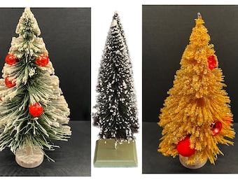 Vintage Bottle Brush Trees Snow Covered Ornaments 1950-60s Tabletop Trees Winter Display Sold Separately