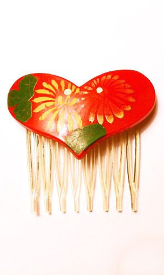 Bakelite Floral Hand Painted Hair Comb 1940-50s, P