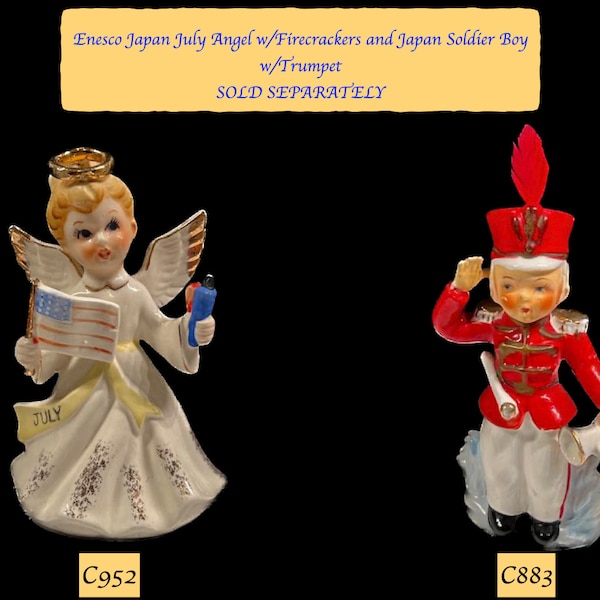 Enesco Japan July Angel Holding Flag Firecrackers and Rare Japan Soldier Boy with Trumpet -- Sold Separately