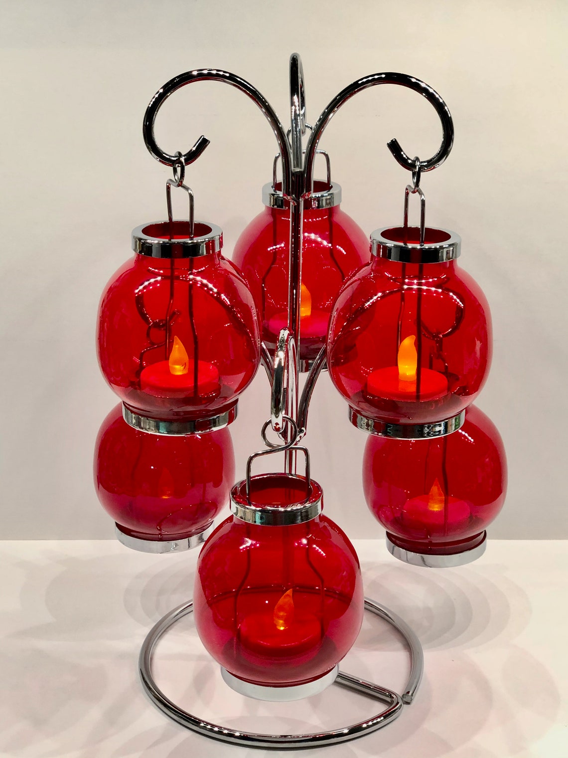 Vintage Glass Lantern & Steel Tea Light Holder Brilliant Red Etsy