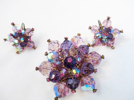 Purple Pink Faceted Glass Cluster Brooch Earring … - image 1