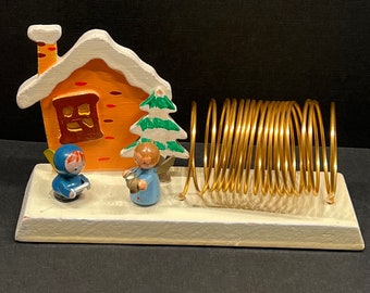 Vintage Christmas Letter/Card Holder, Painted Wood Winter Scene w/House and Musical Angels, Japan 1950s, Adorable Kitsch