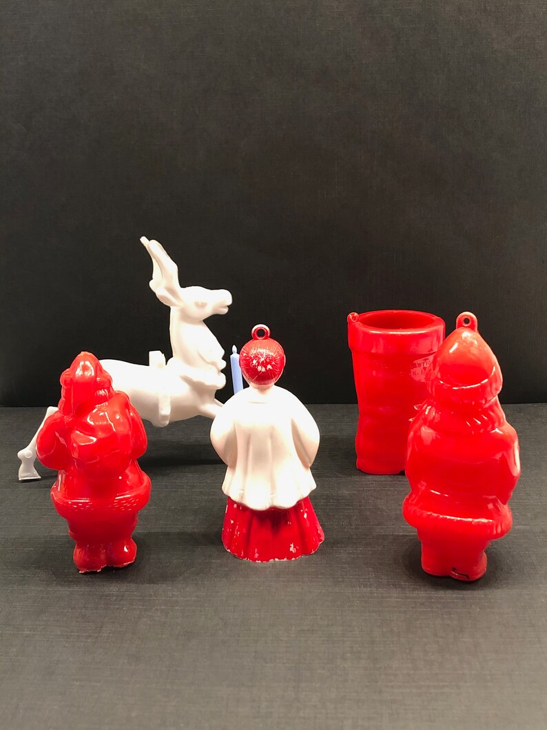 Rosen Rosbro Bradford Plastic Christmas Ornaments, Deer, Santa Claus, Boot, Choir Boy w/Candle, 1960s image 3