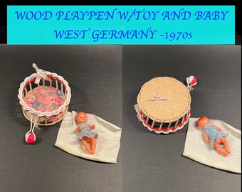 Dollhouse Wood Playpen W/Toy and Baby -- West Germany, 1970s